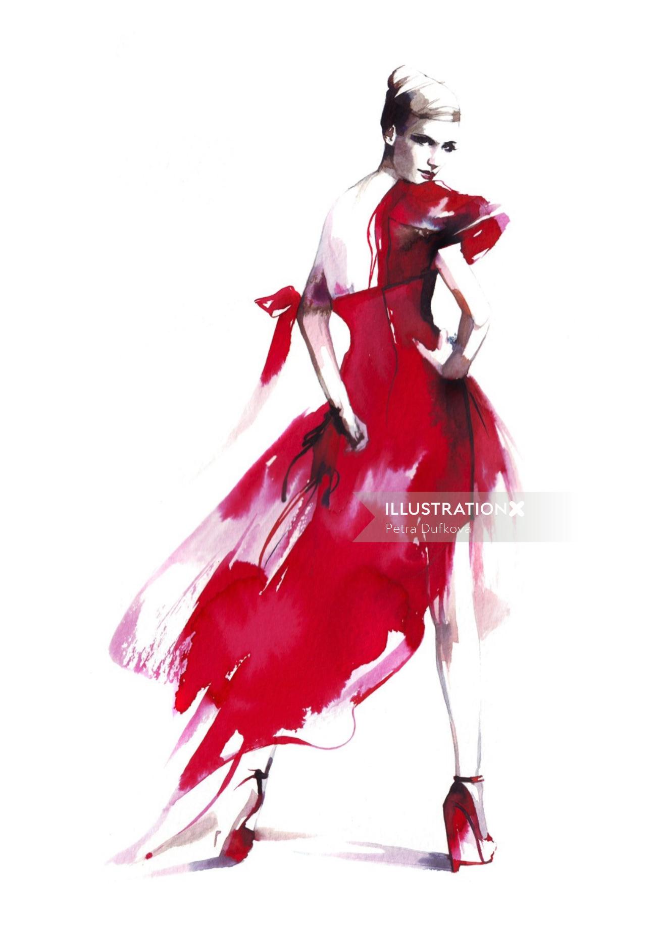 赤いフロックのファッションドレスの女性