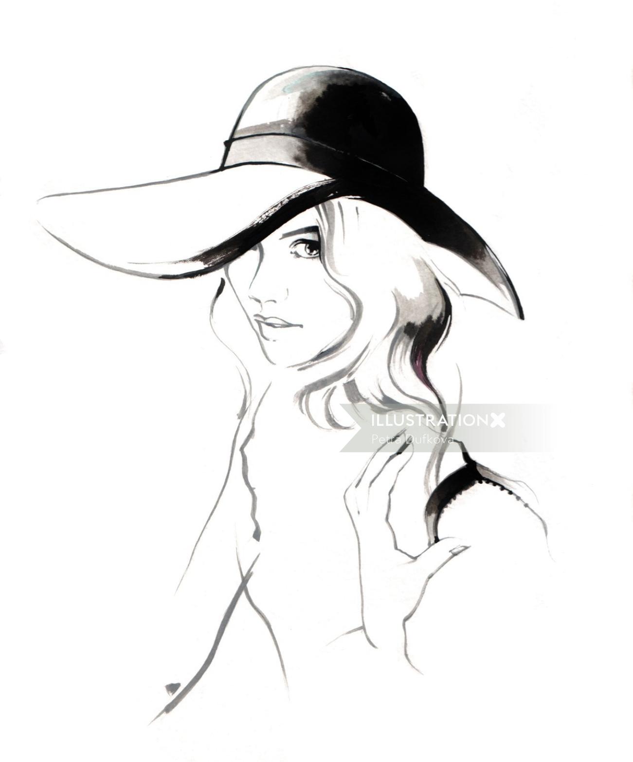 Ilustração de moda de mulher com chapéu