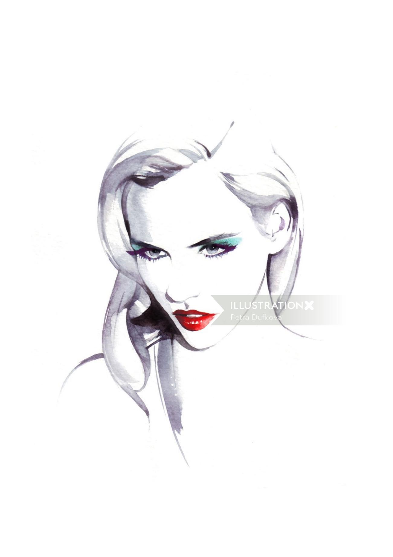 Ilustración suelta de belleza de mujer con labios rojos