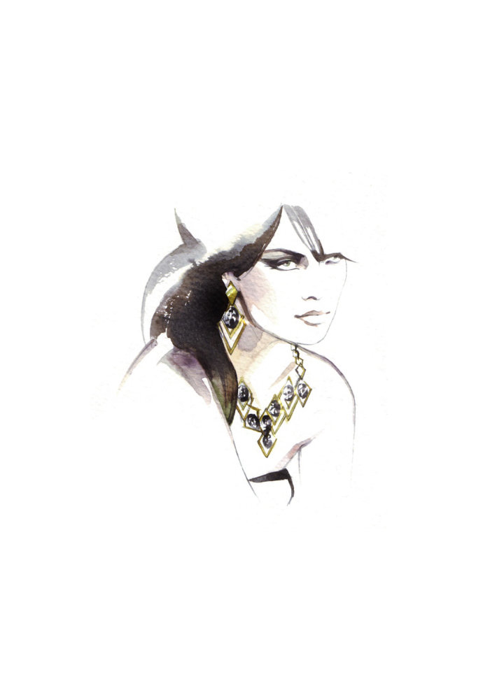 watercolor illustration of model with jewellery
