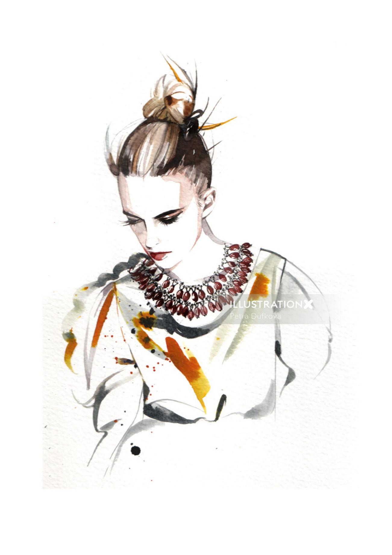 watercolor illustration of woman with jewellery
