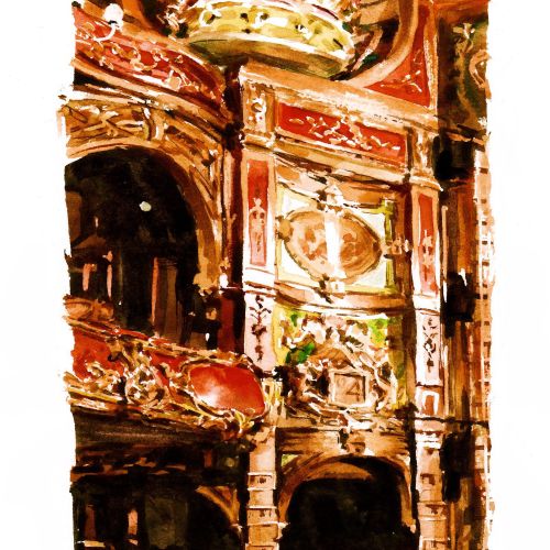 Architectural water colour painting of a Theatre interior