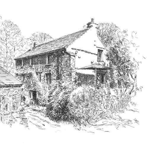 Stone house in the woods illustration