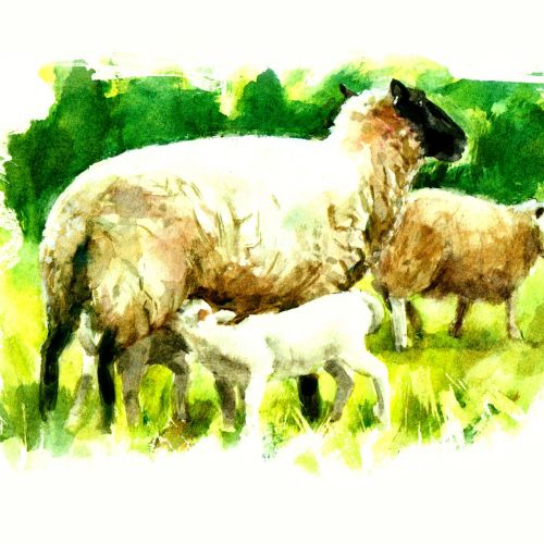 beautiful painting of sheep with kids