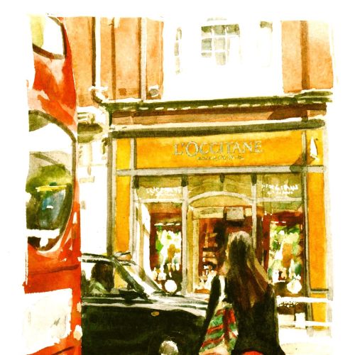 Girl crossing London street - An illustration by Philip Bannister