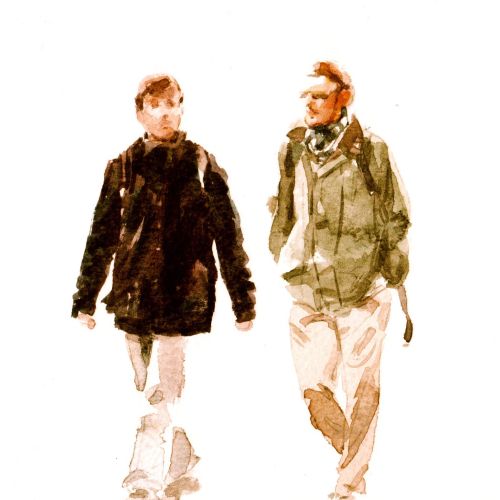 Young men in tourist mode - An illustration by Philip Bannister