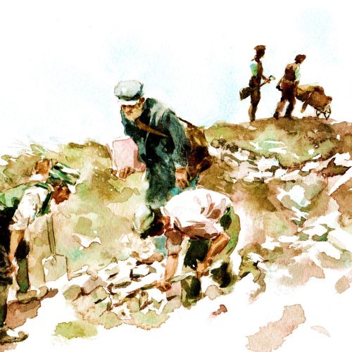 Men digging at skara brae - An illustration by Philip Bannister