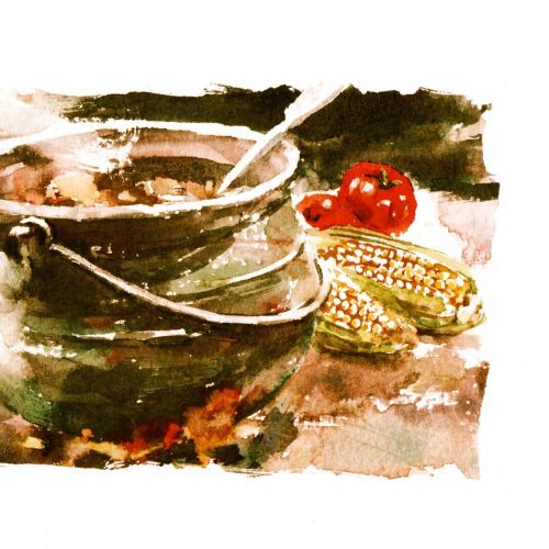 Traditional stew in an old cooking pot - Water colour artwork
