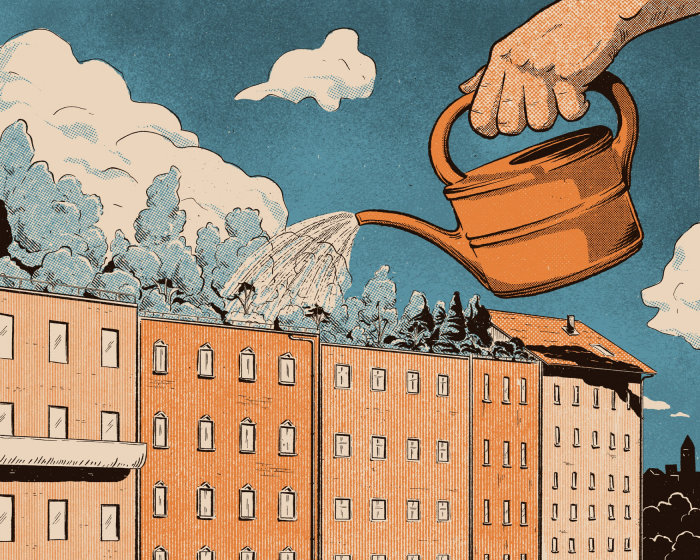 Série de ilustrações sobre planejamento urbano para combater o efeito ilha de calor