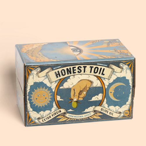 Honest Toil 10L olive oil packaging design