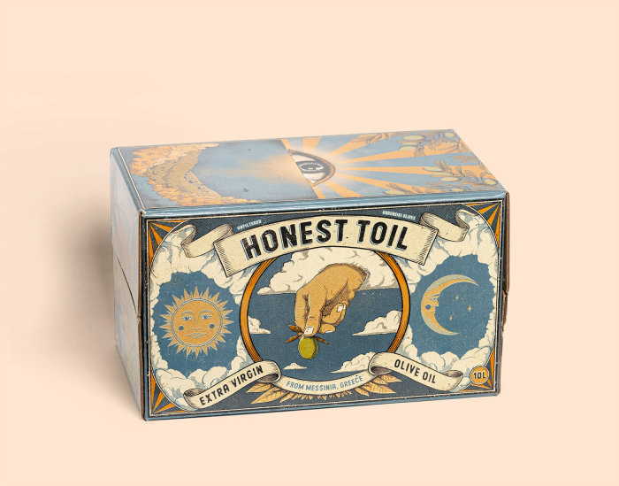 Diseño de envase de aceite de oliva Honest Toil de 10 litros