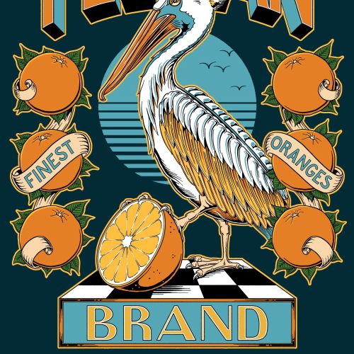 Illustration of a pelican with oranges and brand text