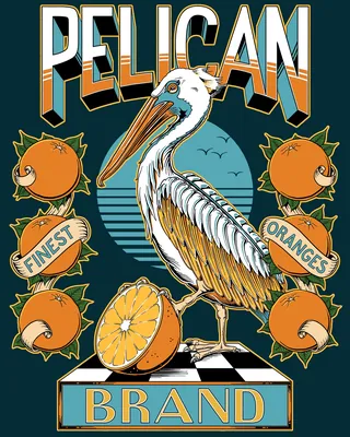 Illustration of a pelican with oranges and brand text