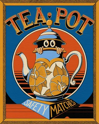 Illustration of a teapot with eyes holding a safety matches box