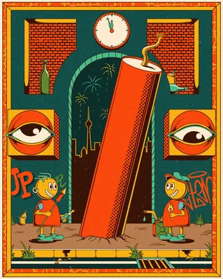 Cartoon-style New Year celebration with large firecracker and clock