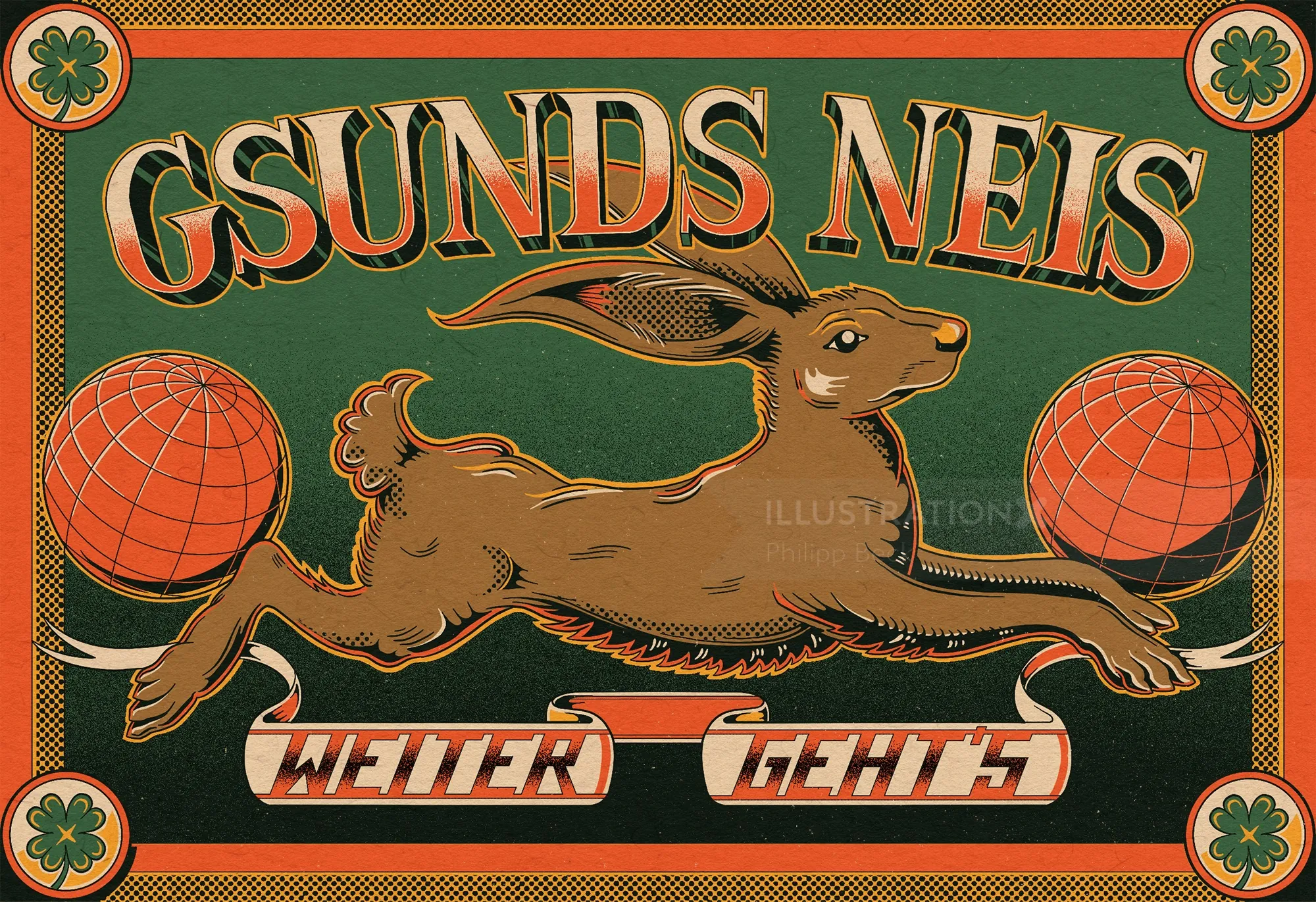 Vintage-style illustration of a running brown hare with red globes