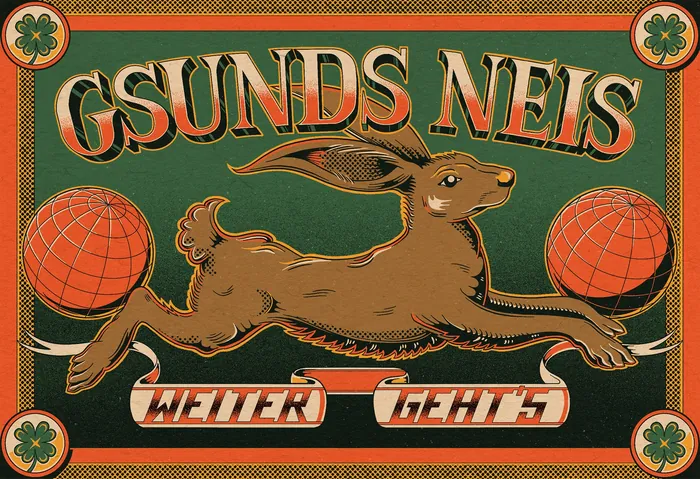 Vintage-style illustration of a running brown hare with red globes