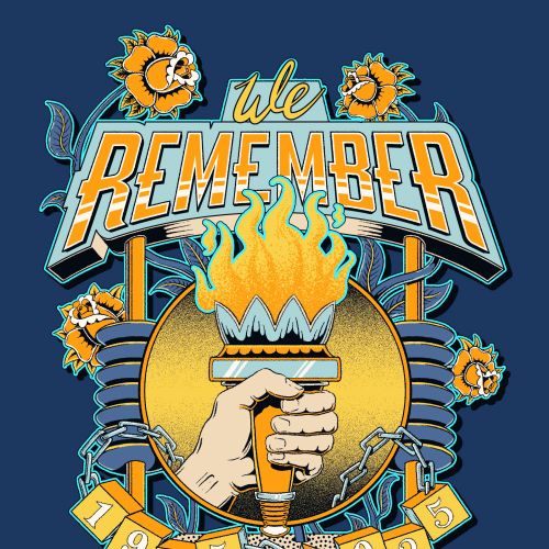 Illustration with torch and text We Remember for Holocaust Remembrance Day