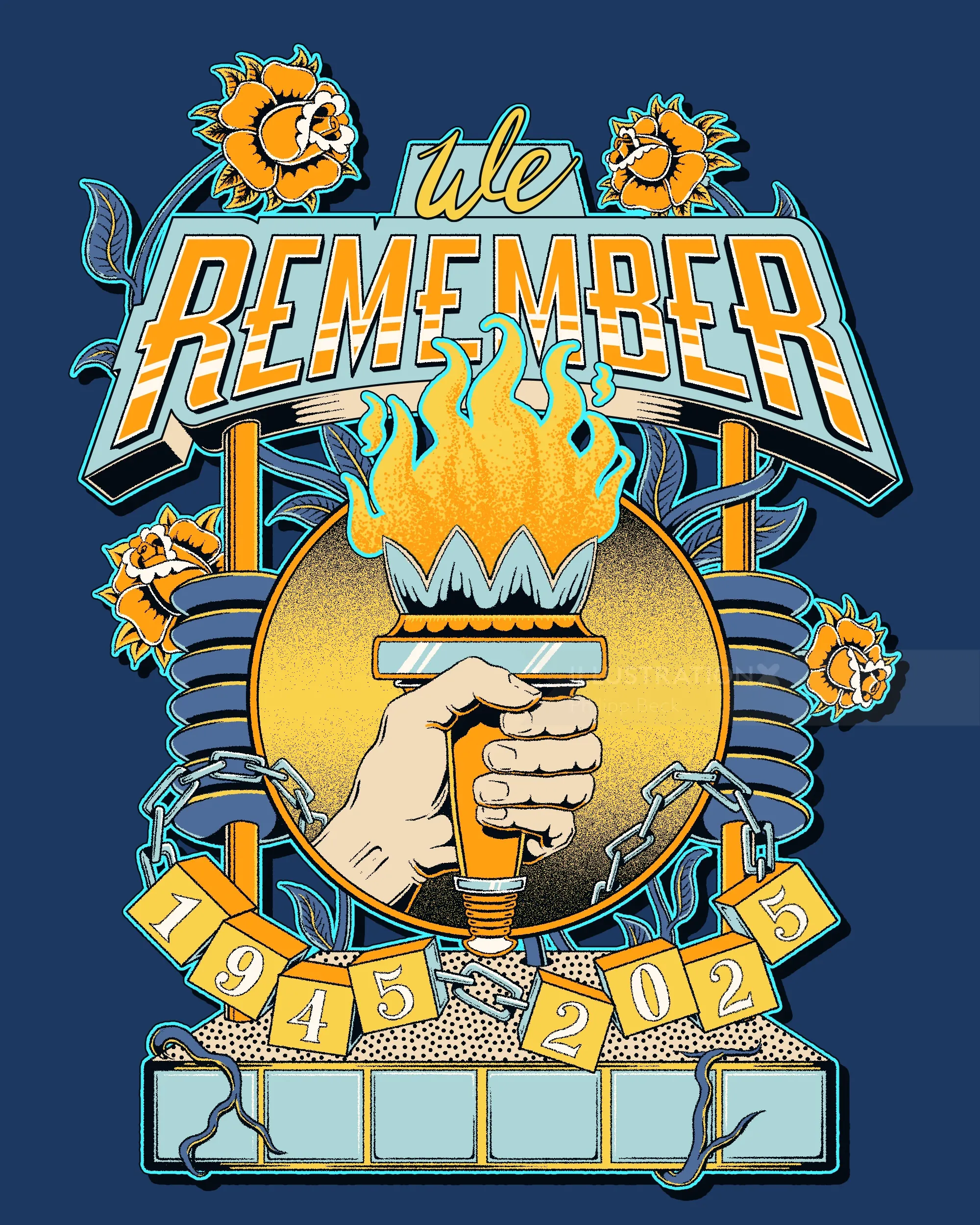 Illustration with torch and text We Remember for Holocaust Remembrance Day