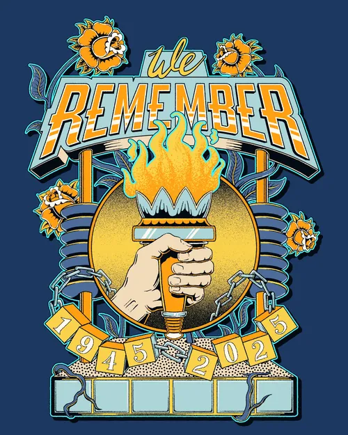 Illustration with torch and text We Remember for Holocaust Remembrance Day