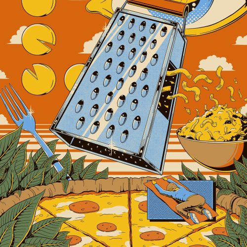 Surreal illustration of a cheese grater with eye and pizza elements