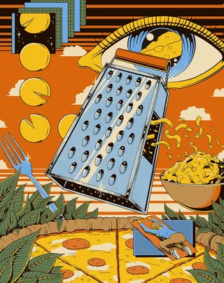 Surreal illustration of a cheese grater with eye and pizza elements