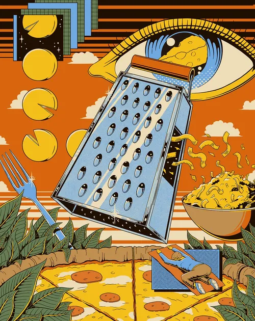 Surreal illustration of a cheese grater with eye and pizza elements