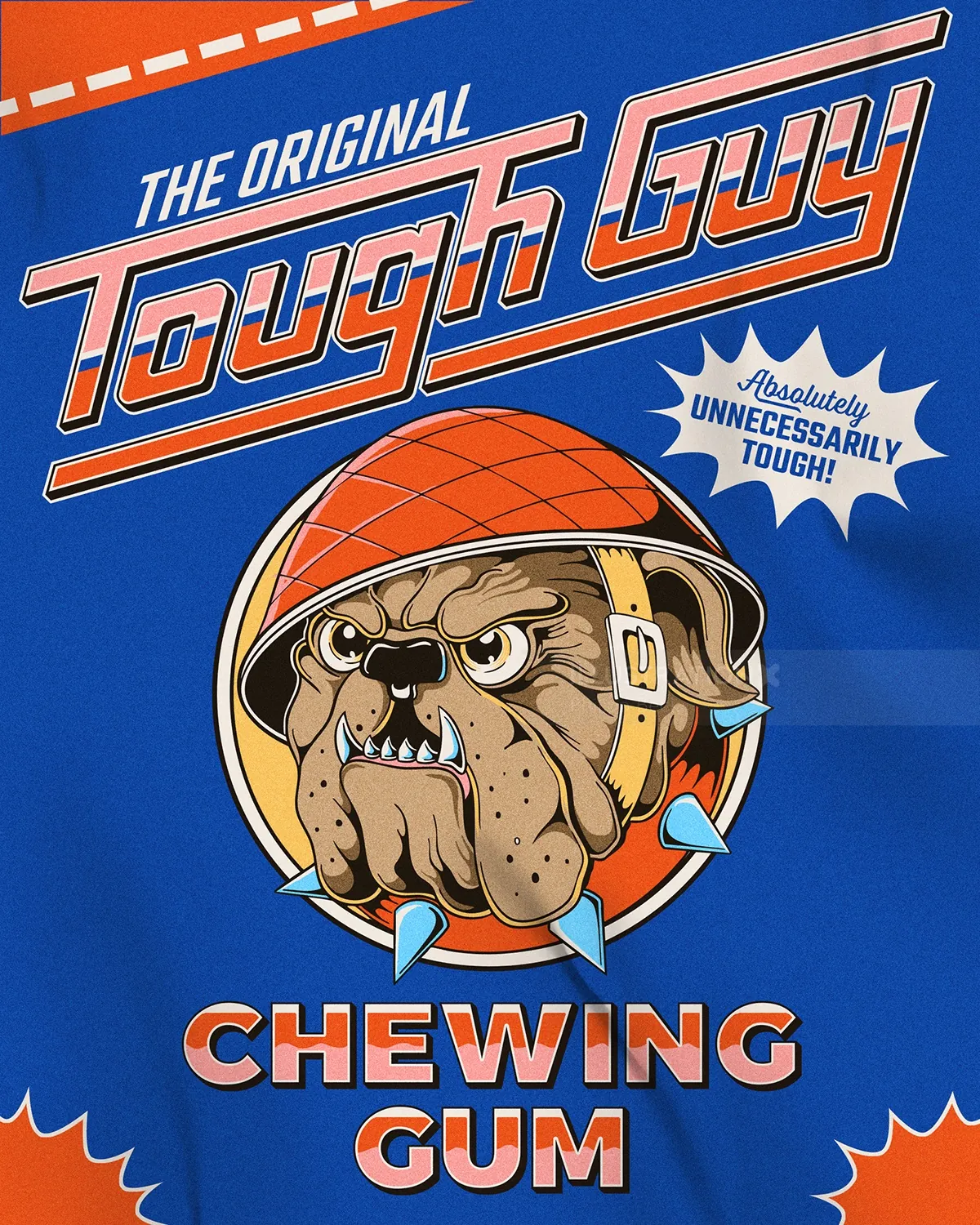 Ilustração de um bulldog mascando chiclete com capacete