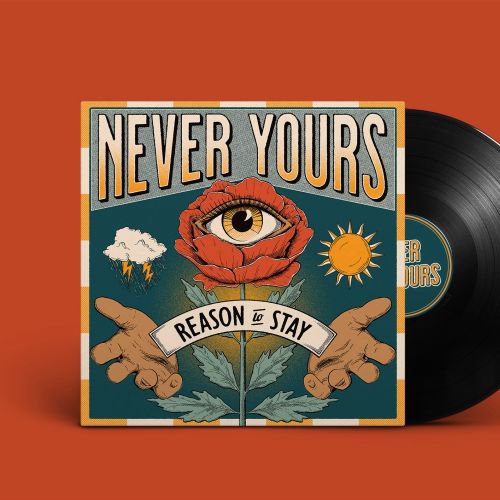Album cover with eye, hands, and sun for band Never Yours
