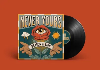 Album cover with eye, hands, and sun for band Never Yours