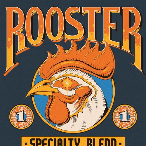 Illustration of a rooster with flaming comb for specialty coffee blend
