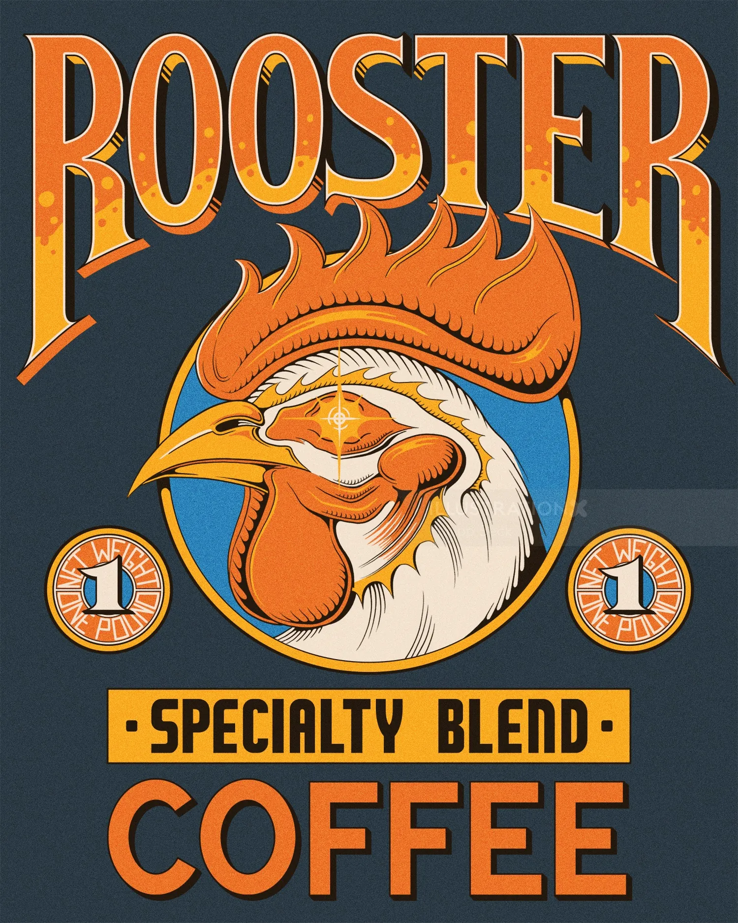 Illustration of a rooster with flaming comb for specialty coffee blend