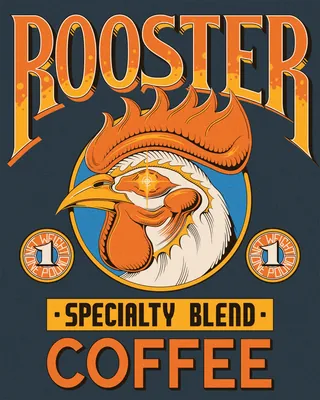 Illustration of a rooster with flaming comb for specialty coffee blend
