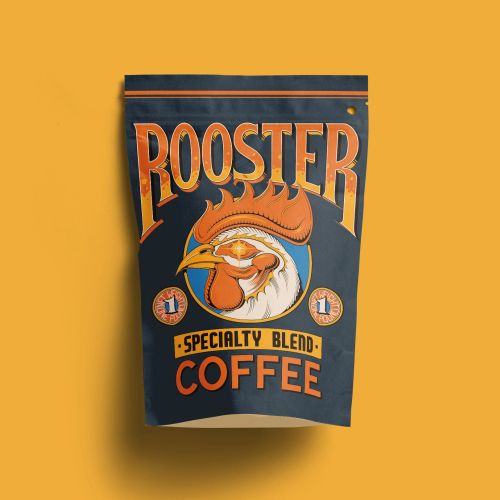 Rooster coffee packaging with bold orange and black design