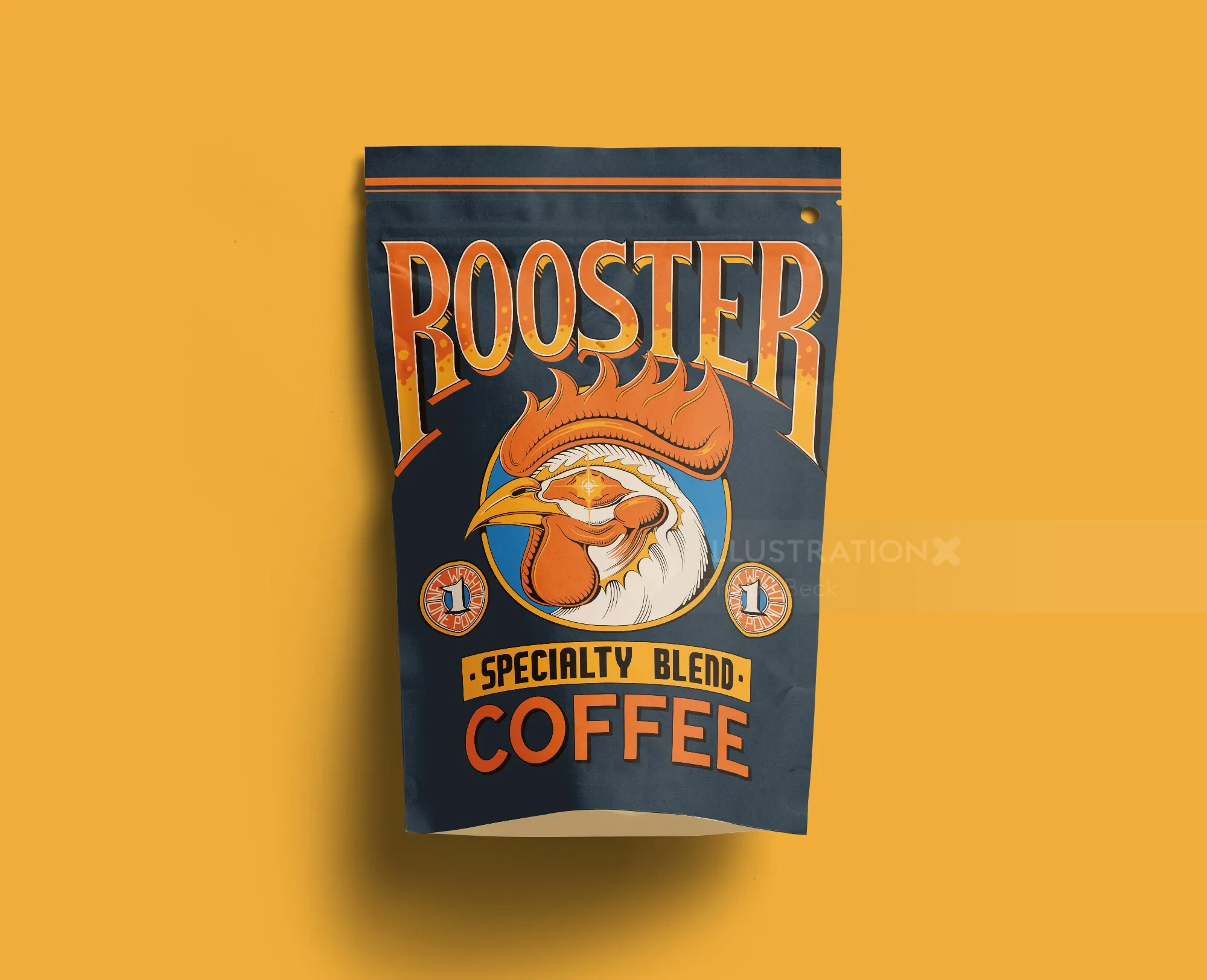 Embalagem de café Rooster com design ousado em laranja e preto