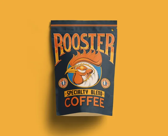 Rooster coffee packaging with bold orange and black design