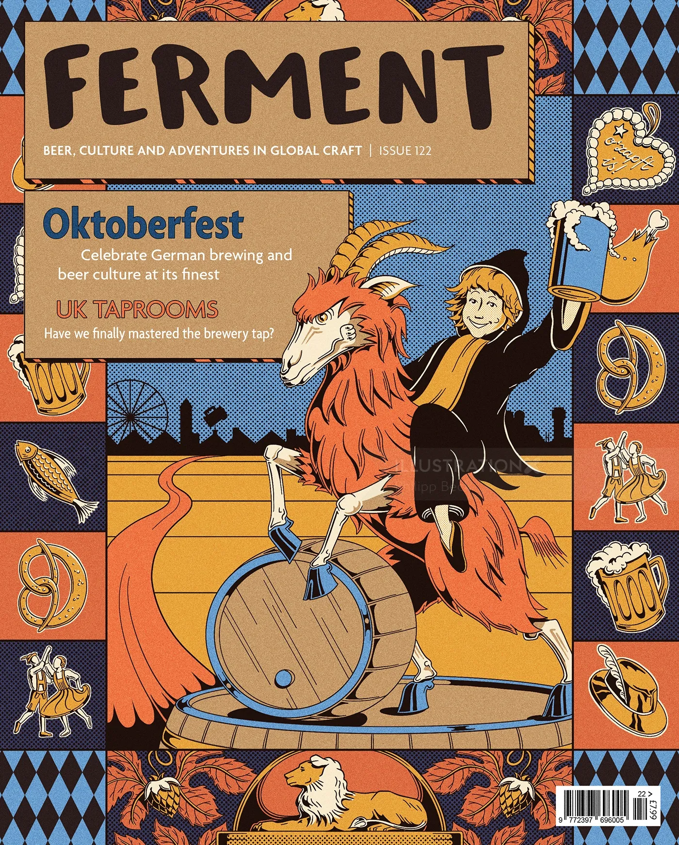 Oktoberfest cover art with rooster on beer barrel by Philipp Beck