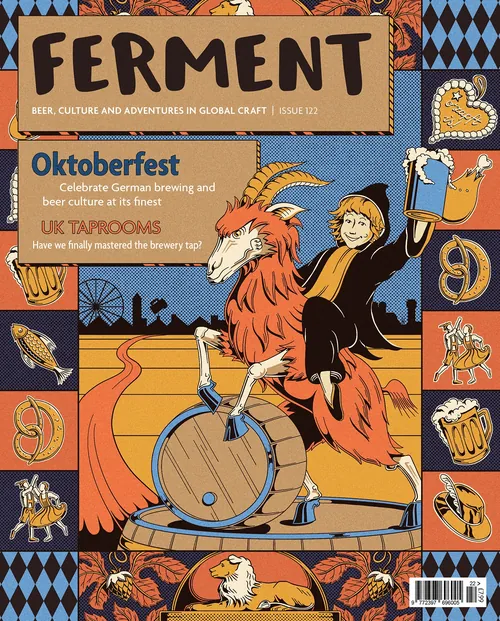 Oktoberfest cover art with rooster on beer barrel by Philipp Beck