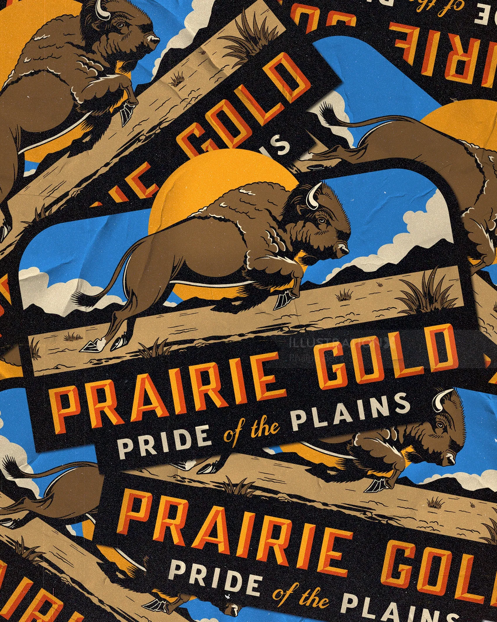 Vintage Prairie Gold billboard with buffalo and plains, artwork by Philipp Beck