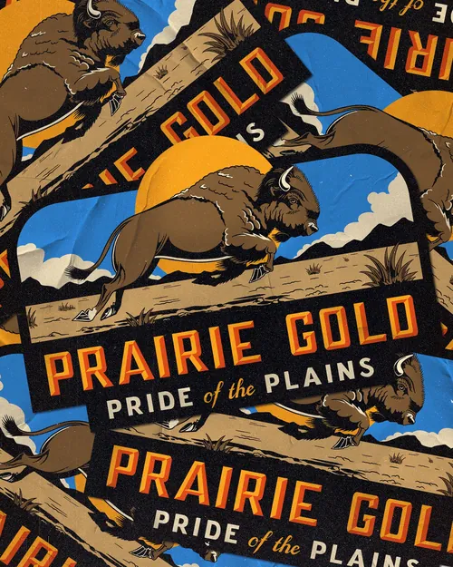 Vintage Prairie Gold billboard with buffalo and plains, artwork by Philipp Beck