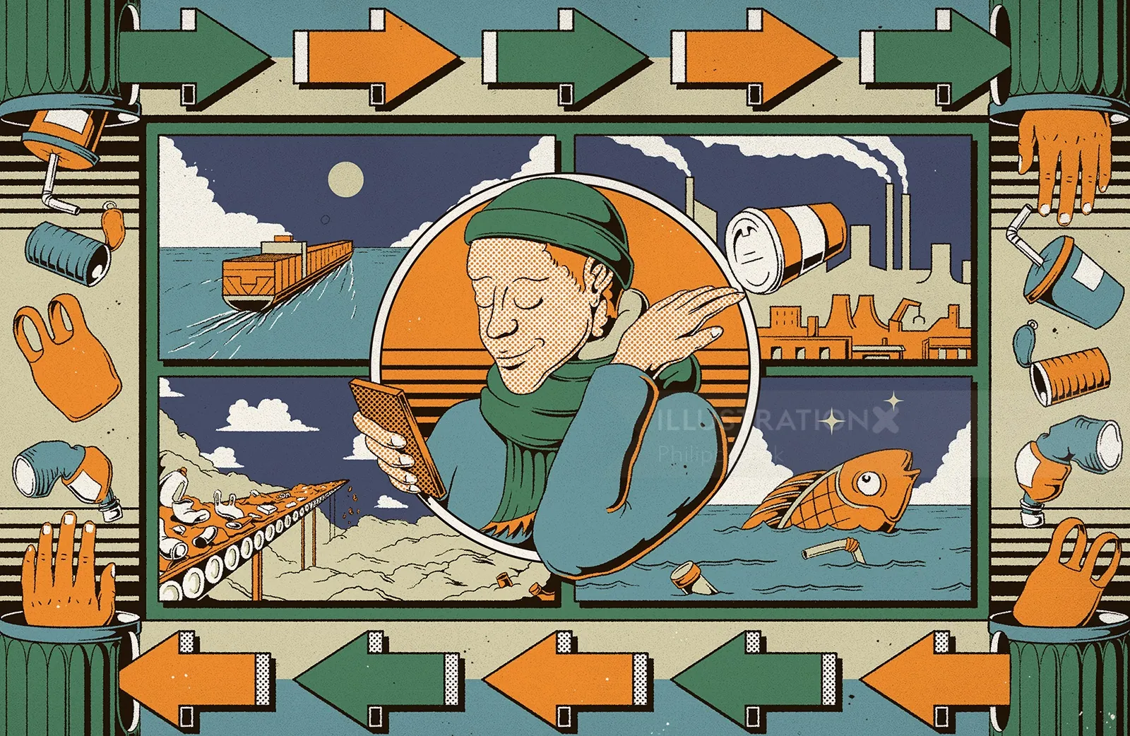 Editorial illustration by Philipp Beck showing recycling vs plastic restriction