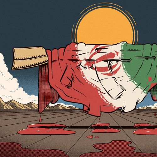 Illustration showing bloodied Iranian flag wrapped on a rifle, sunset background by Philipp Beck