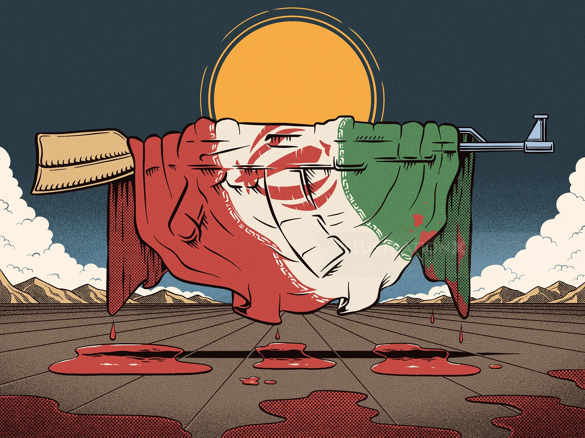 Illustration showing bloodied Iranian flag wrapped on a rifle, sunset background by Philipp Beck