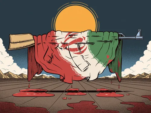Illustration showing bloodied Iranian flag wrapped on a rifle, sunset background by Philipp Beck