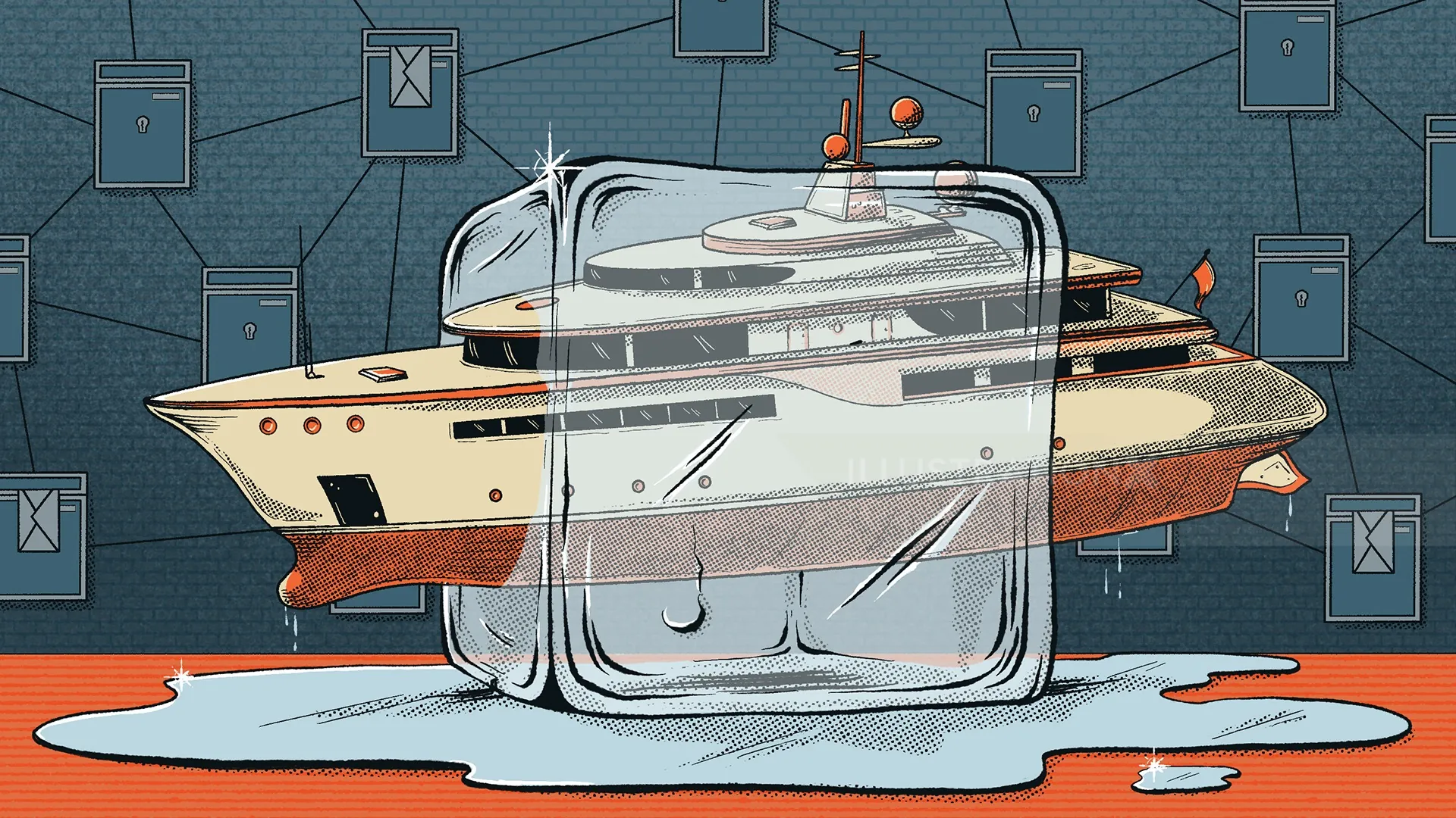 Illustration of a luxury yacht frozen inside ice by Philipp Beck