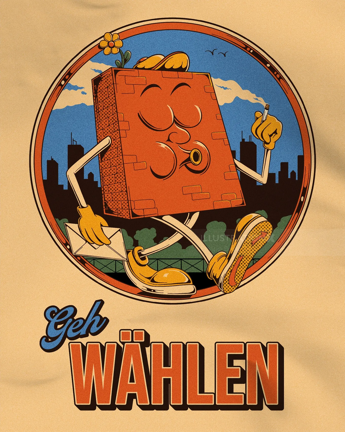 Go Vote campaign illustration showing walking brick firewall smoking pipe by Philipp Beck