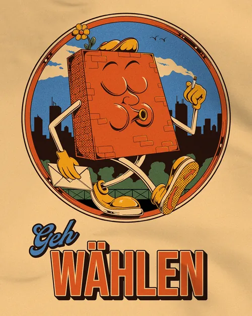 Go Vote campaign illustration showing walking brick firewall smoking pipe by Philipp Beck