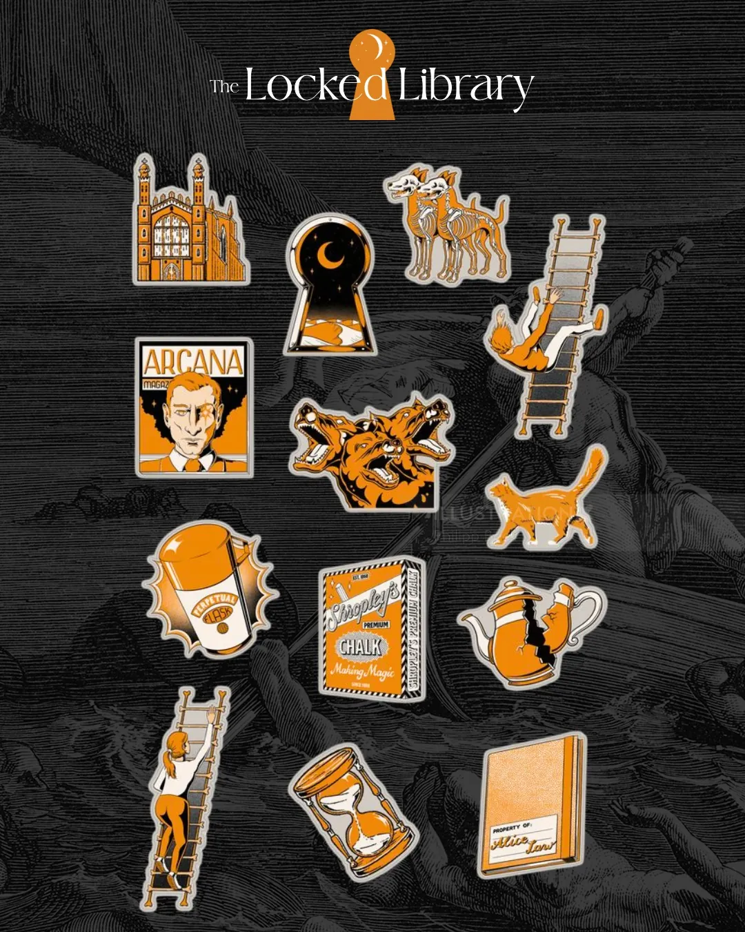 Illustrated stickers of keys, cats, books, and hourglass from The Locke Library by Philipp Beck