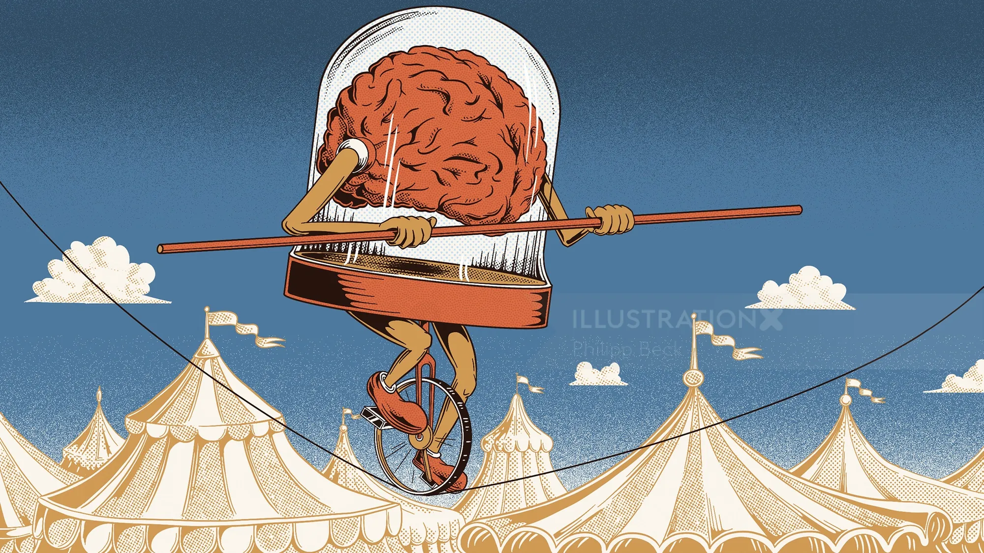 Surreal brain on unicycle balancing over circus tents by Philipp Beck