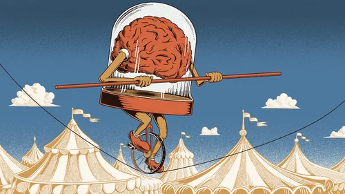 Surreal brain on unicycle balancing over circus tents by Philipp Beck